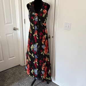Tribal Vibrant Floral Maxi Dress - Black with Red and Orange